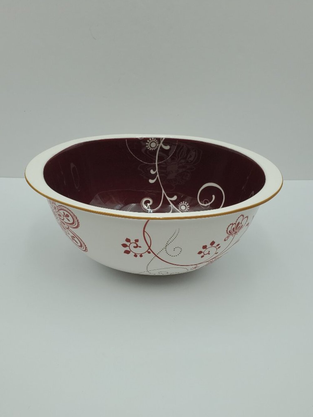 Gorham Retro Bloom 3 Qt Mixing Bowl Geometric Floral Wine Red Burgundy Bowl